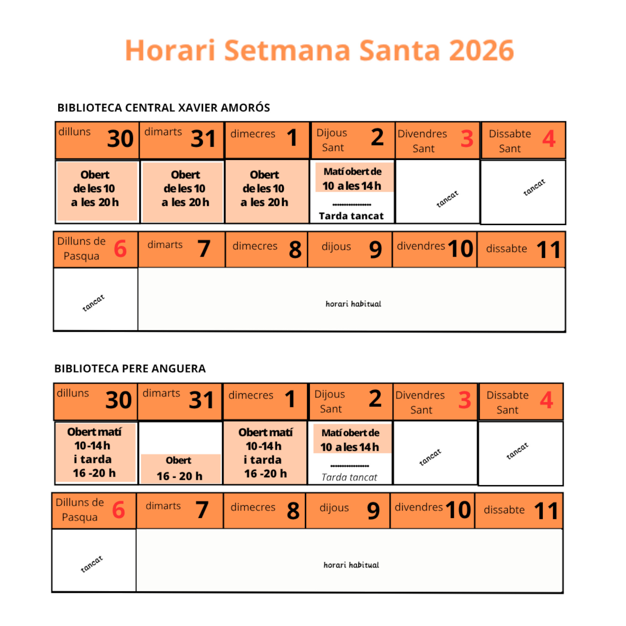 Horaris de Setmana Santa 2026