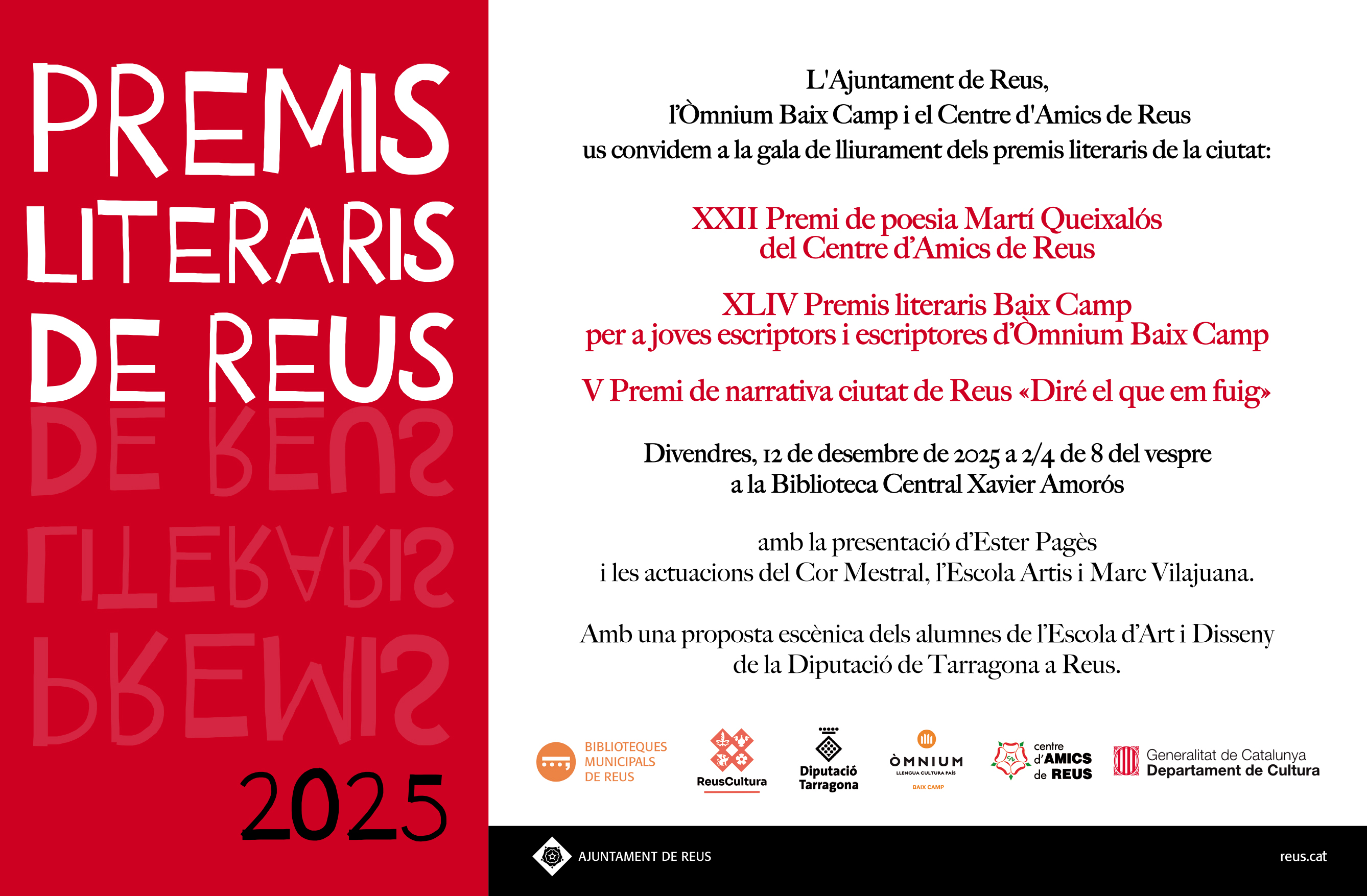 Premis literaris Reus. 12 de desembre a 2/4 de 8 del vespre.